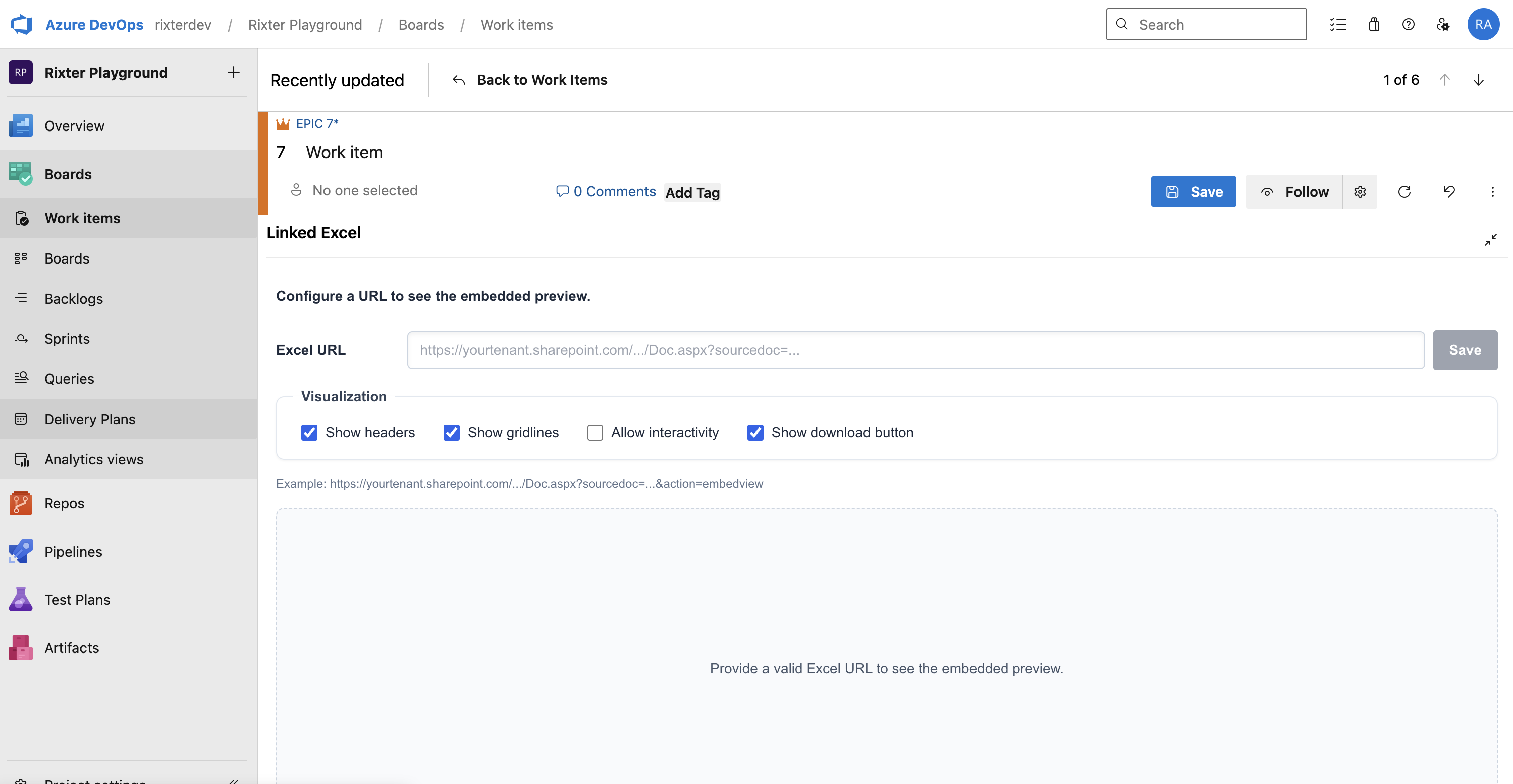 Linked Excel section inside a work item