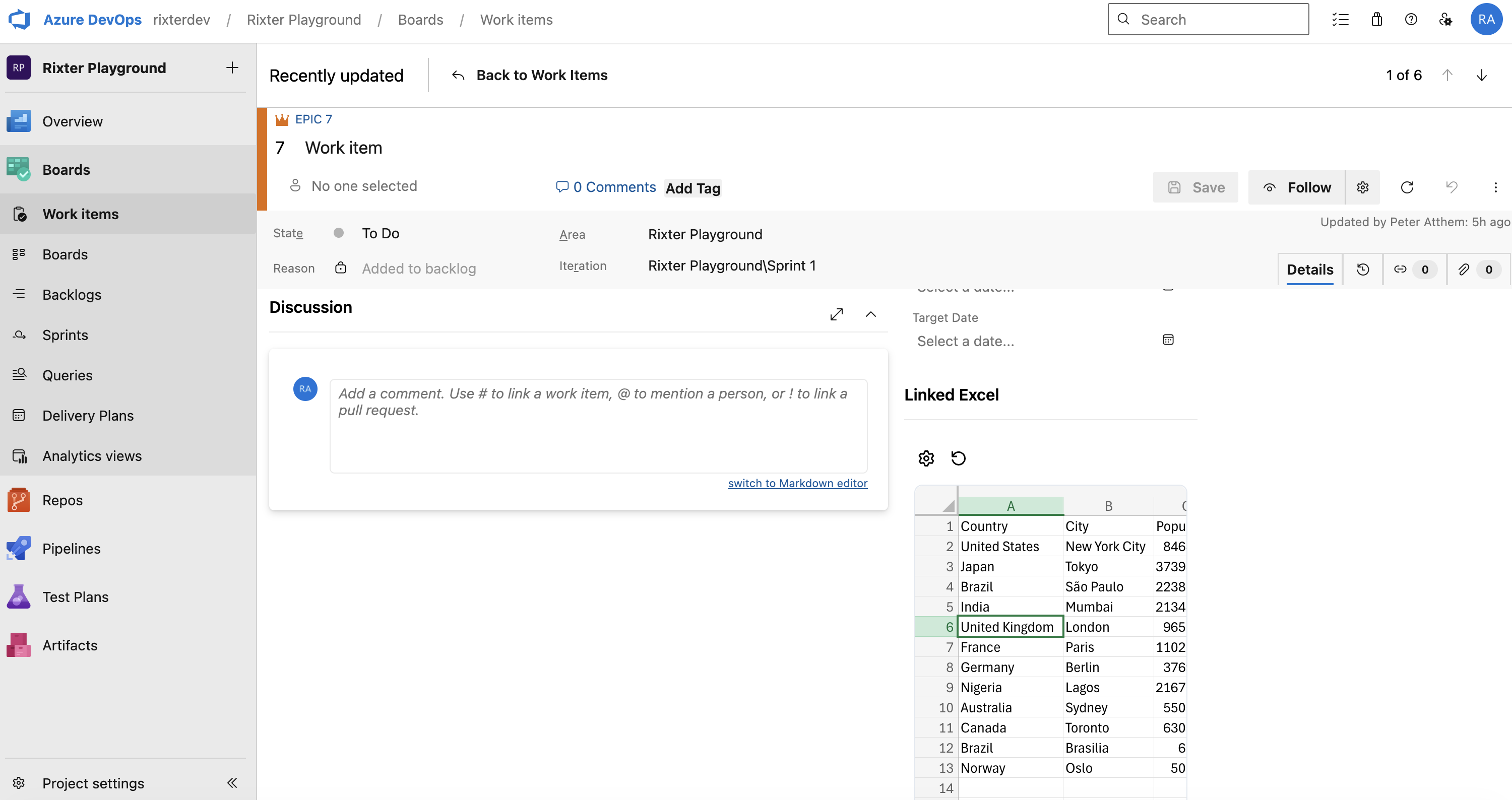 Work item with linked spreadsheet details