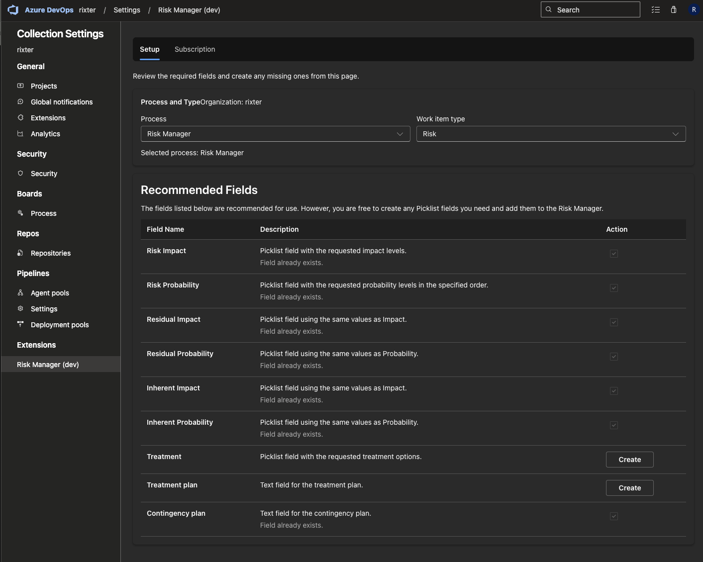 Risk Manager for Azure DevOps setup screen
